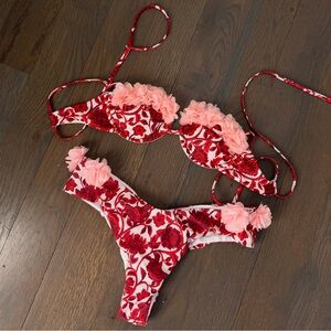 Red Floral Bikini Set with Handsewn 3D Rosette Flowers | Coquette Swimwear